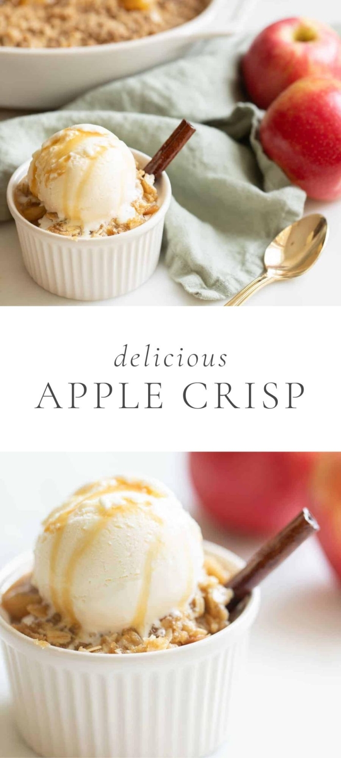 apple crisp in white bowl with ice cream and red apples