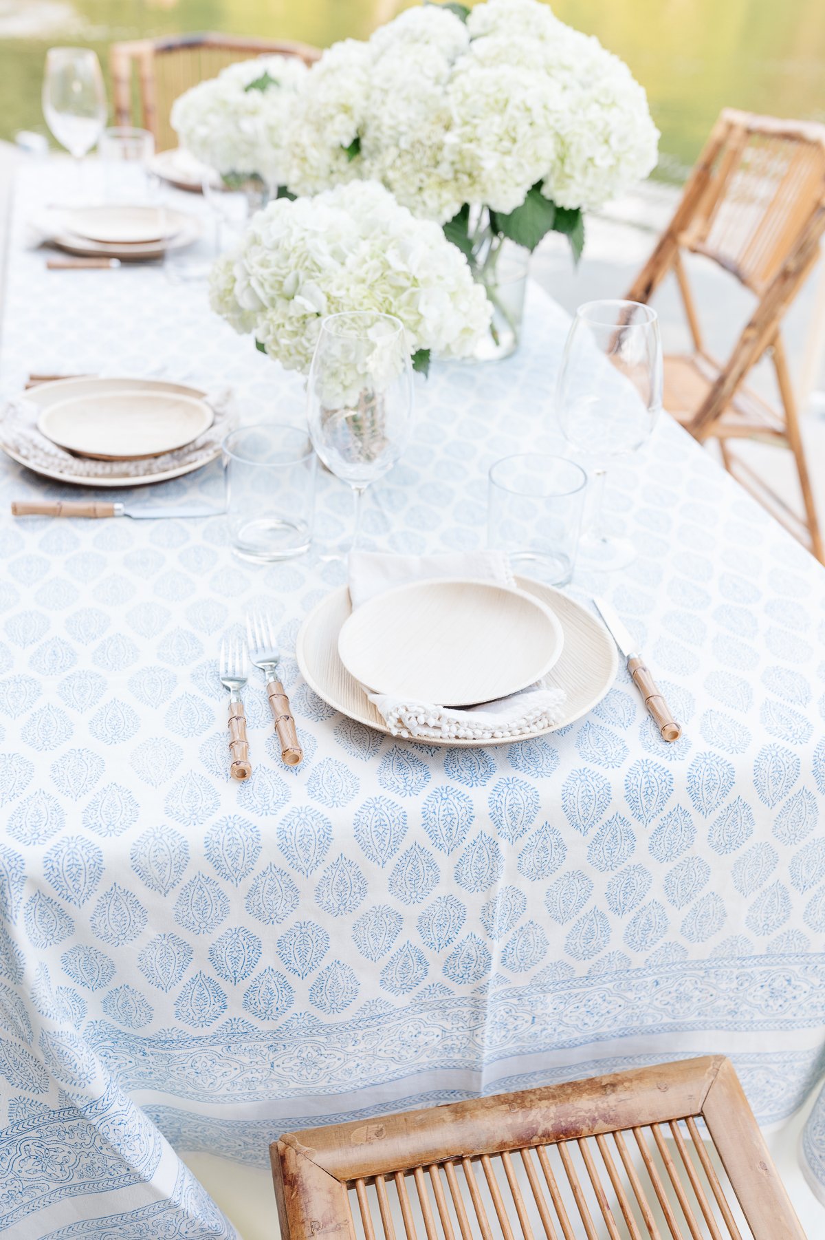 A block print tablecloth in blue and white.