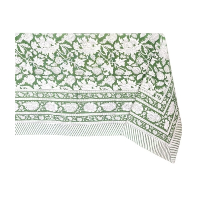 A green and white paisley block print tablecloth