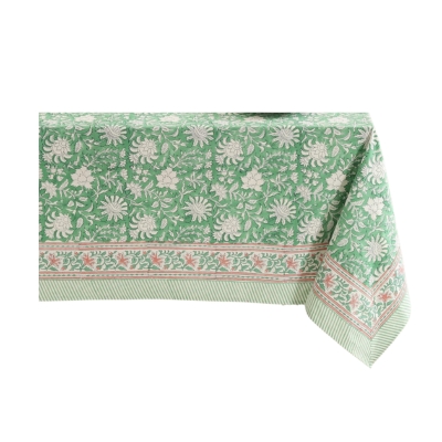 A green and white paisley block print tablecloth