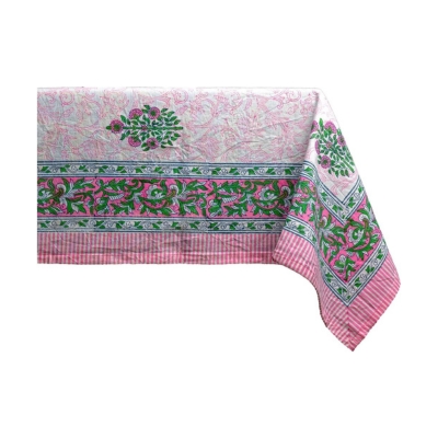 A block print tablecloth with a floral pattern.