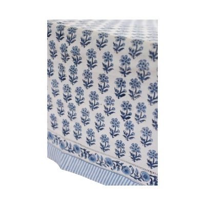 A blue and white block print tablecloth.