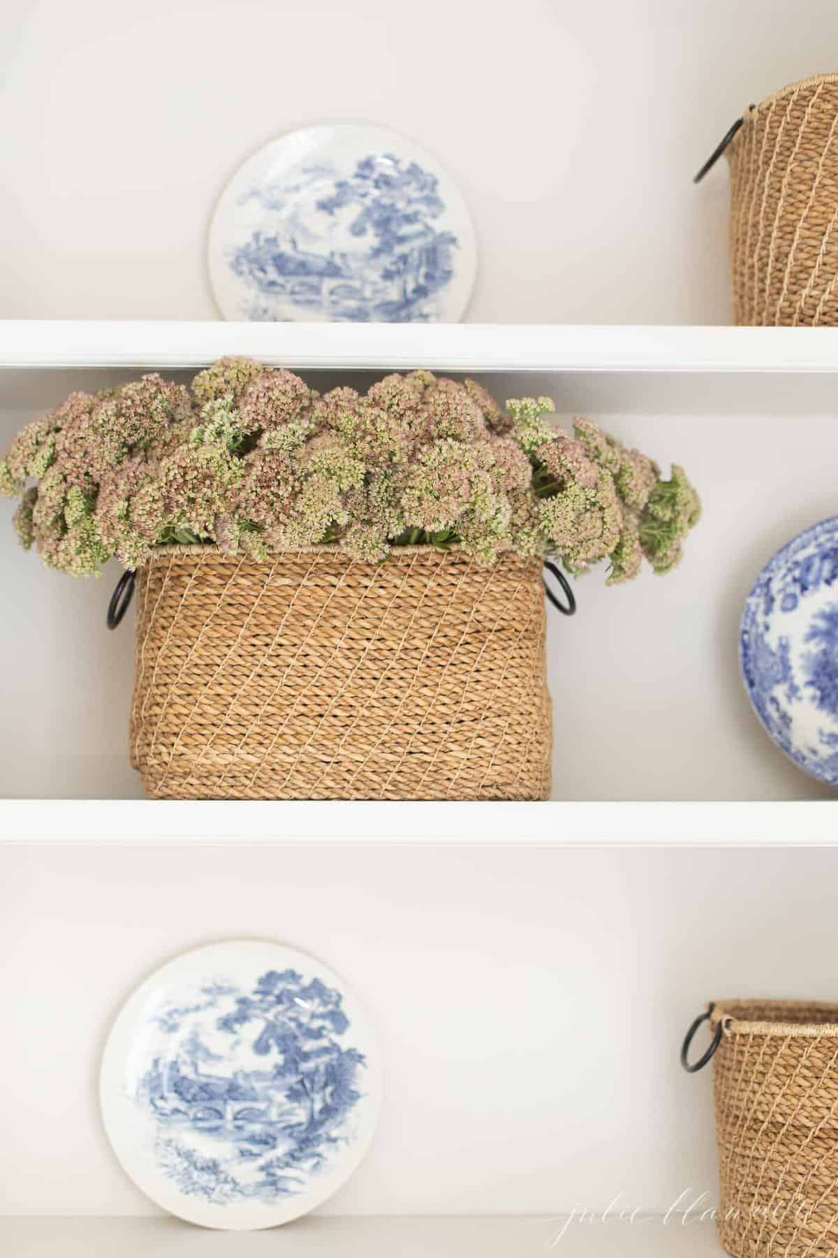 Shelves featuring a basket of fall sedum, blue and white plates as decor. 