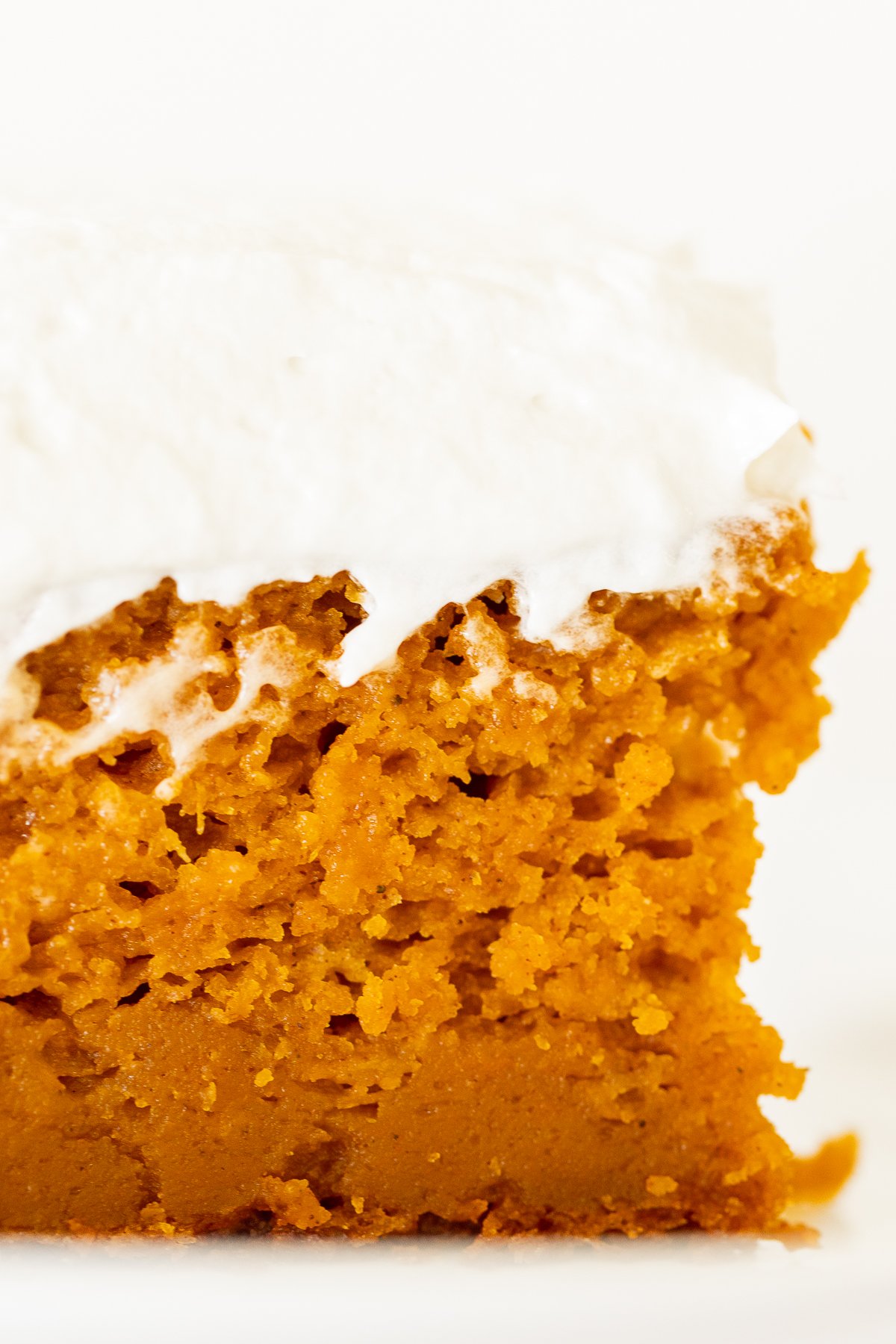 A piece of pumpkin cake with cream cheese frosting on a plate.