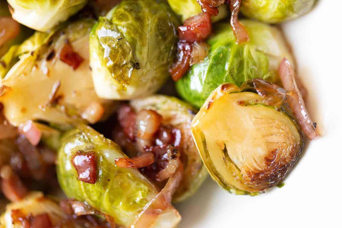 Close-up of sauteed brussels sprouts, pancetta and shallots.