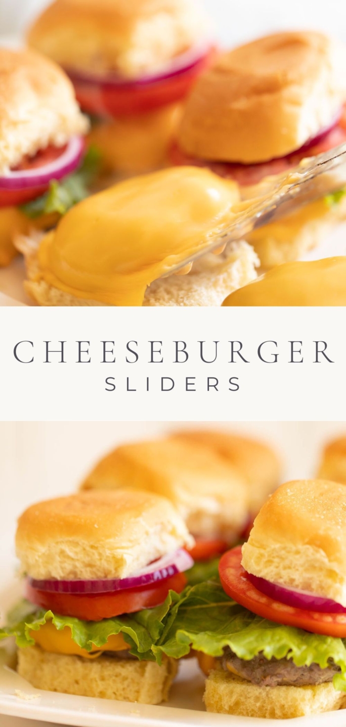 2 pictures of multiple cheeseburger sliders with lettuce, tomato and onion
