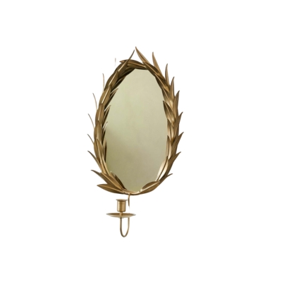 A gold leaf shaped mirror adorned with laurel wreaths and featuring a candle holder.