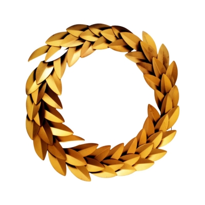 A gold laurel wreath on a white background.