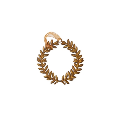 A gold laurel wreath hanging on a white background, symbolizing victory and achievement.