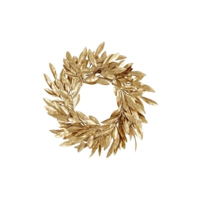 A gold leaf laurel wreath on a white background.