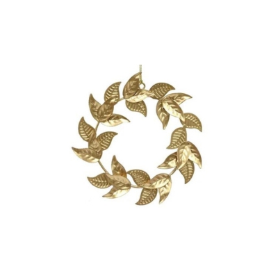 A gold leaf laurel wreath hanging on a white background.