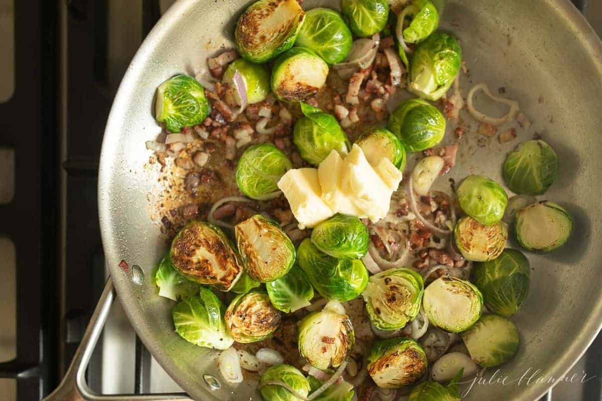 Crispy brussel sprouts ingredients in a pan.