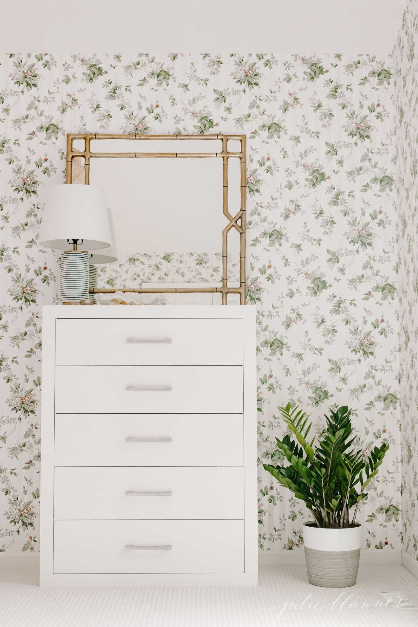 A zz plant on the floor of a wallpapered bedroom