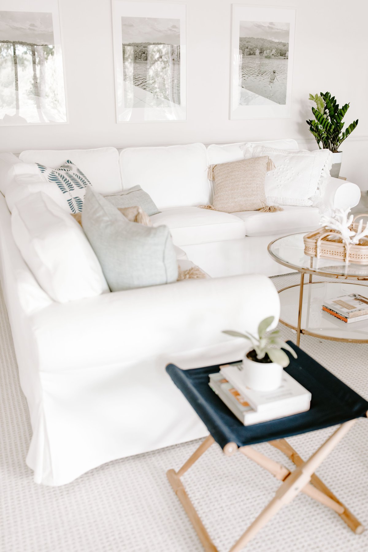 An easy care zz plant on a table in a small white modern living room