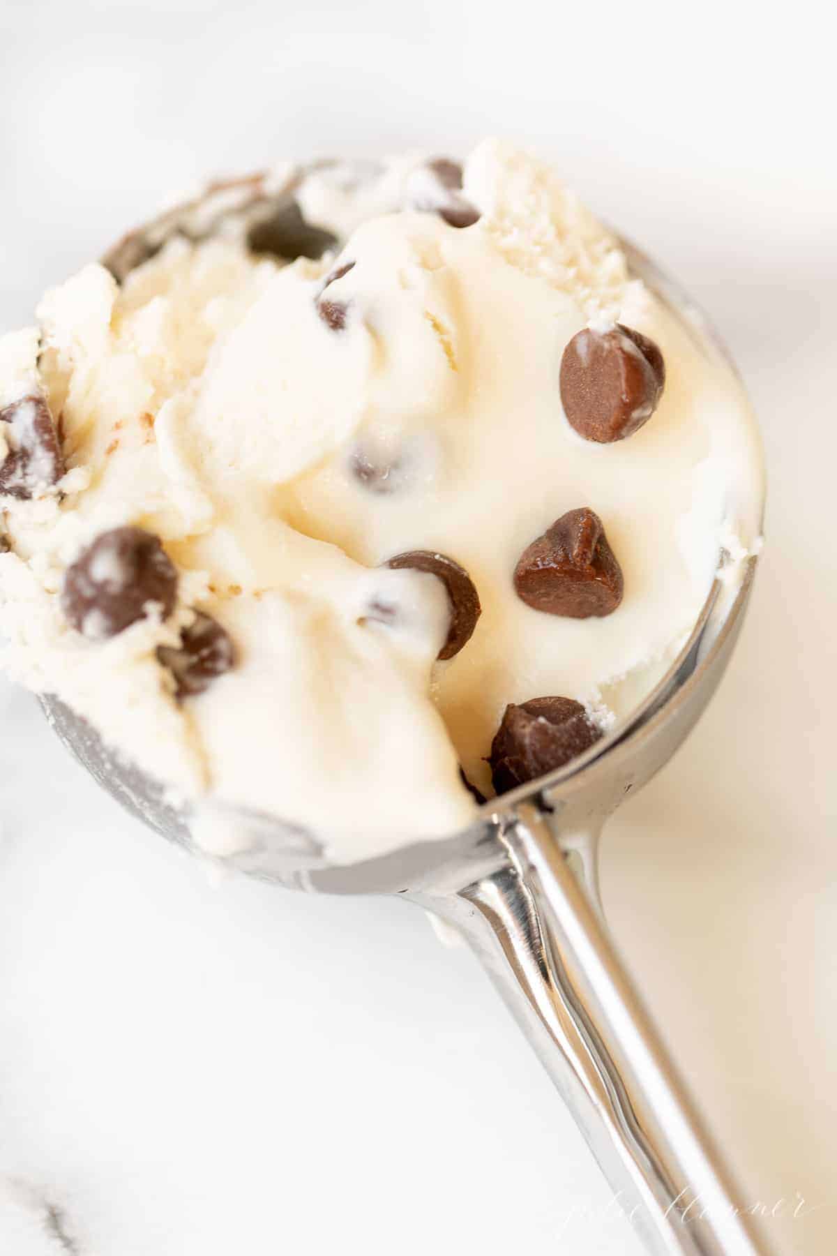 Chocolate chip ice cream on an ice cream scoop