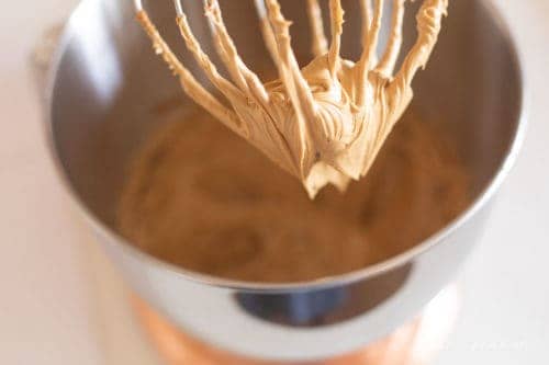 Stand mixer with cookie butter cake batter.