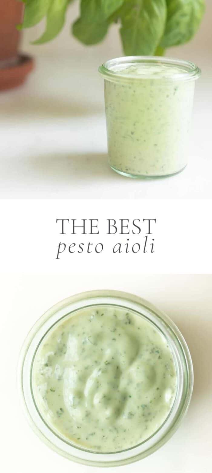 homemade pesto aioli in jar on counter with basil plant, overlay text, close up of pesto aioli