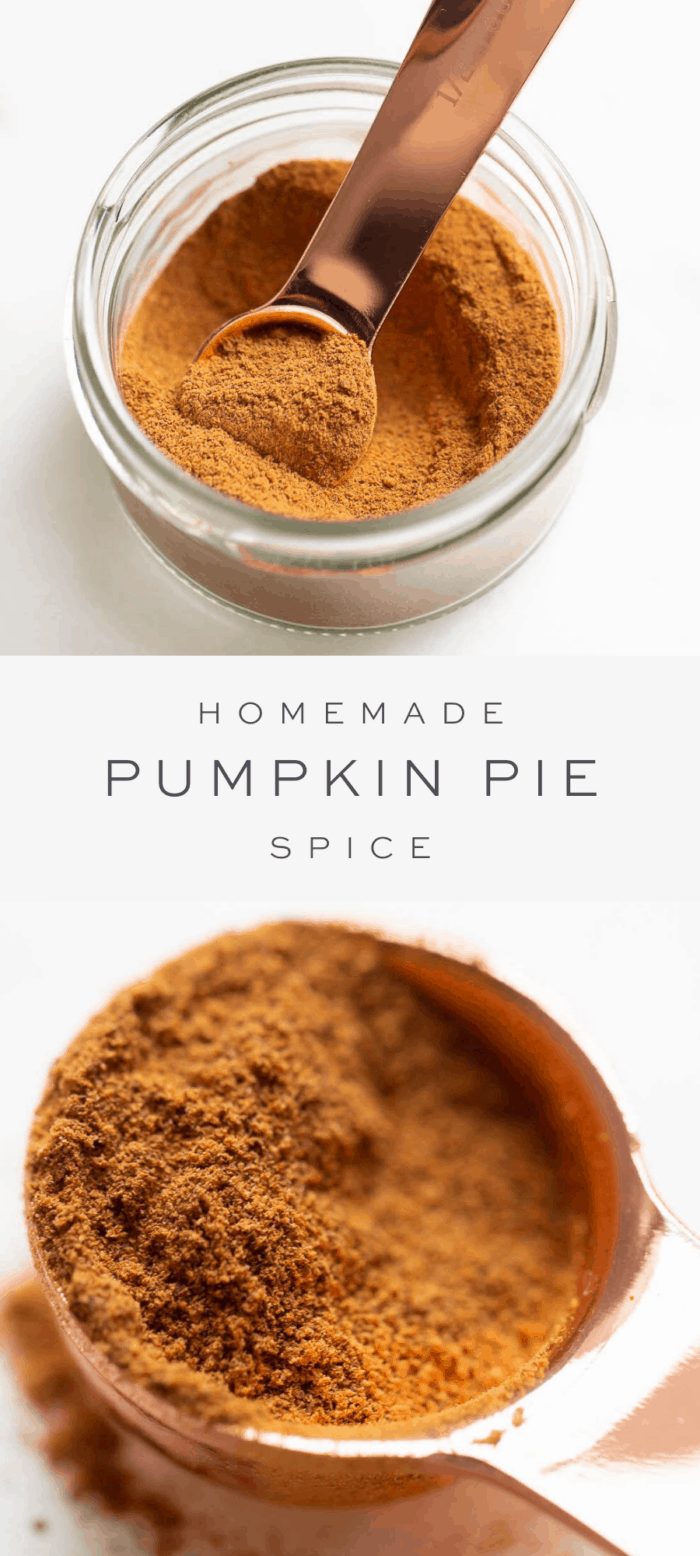 teaspoon in jar of pumpkin pie spice, overlay text, teaspoon full of pumpkin pie spice