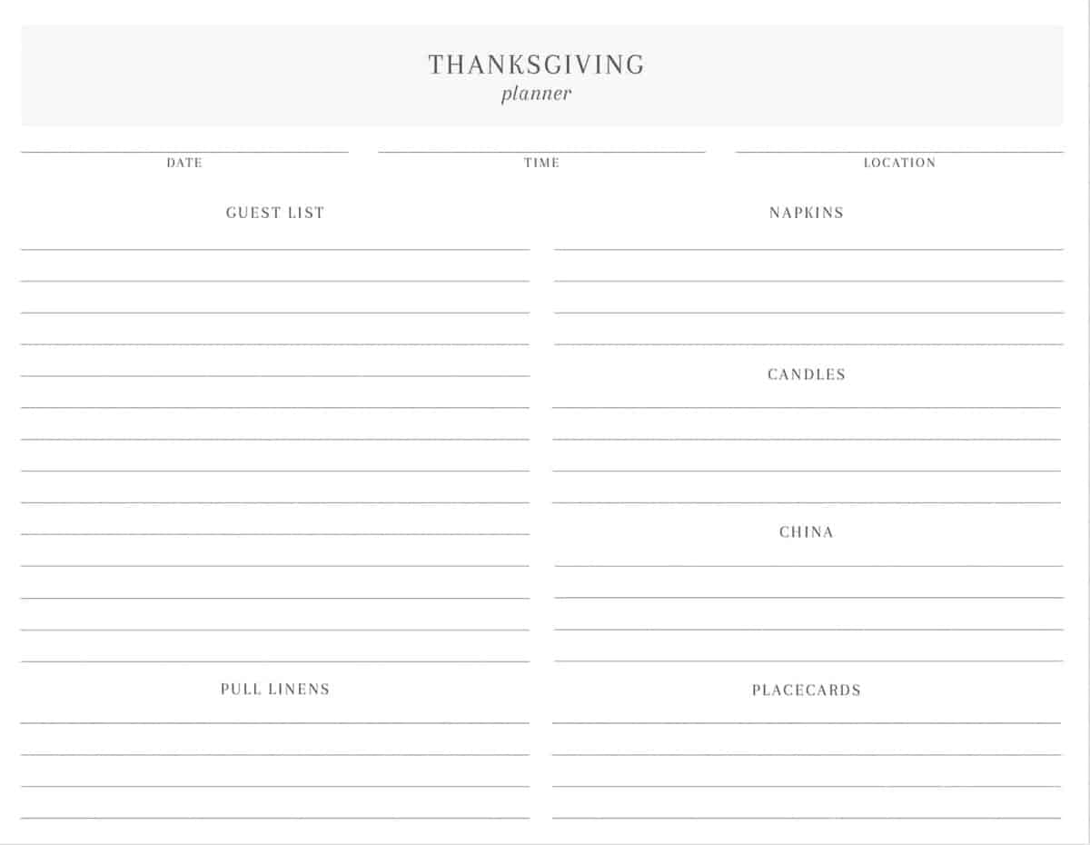 Thanksgiving planner template with sections for date, time, location, guest list, linens, napkins, candles, china, and placecards—ideal for those learning how to host Thanksgiving. Includes lines for writing details.