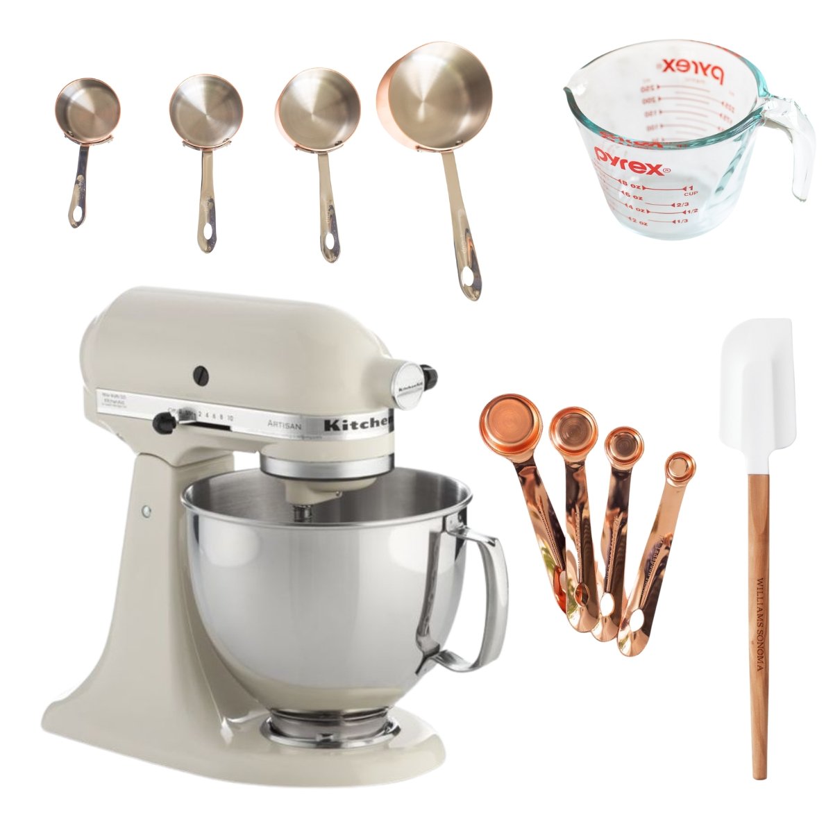 A kitchenaid mixer, measuring spoons, and other kitchen utensils used for baking a cookie butter cake recipe.