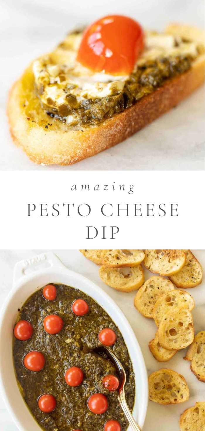 a picture of pesto cheese dip on a crostini and a picture of pesto cheese dip in a serving dish