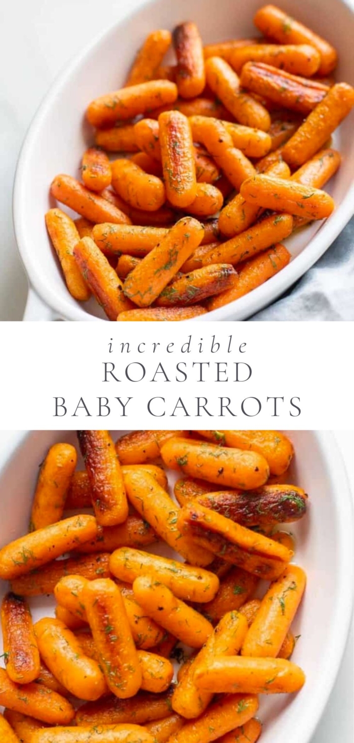 Roasted baby carrots are pictured in a white baking dish on a white surface,