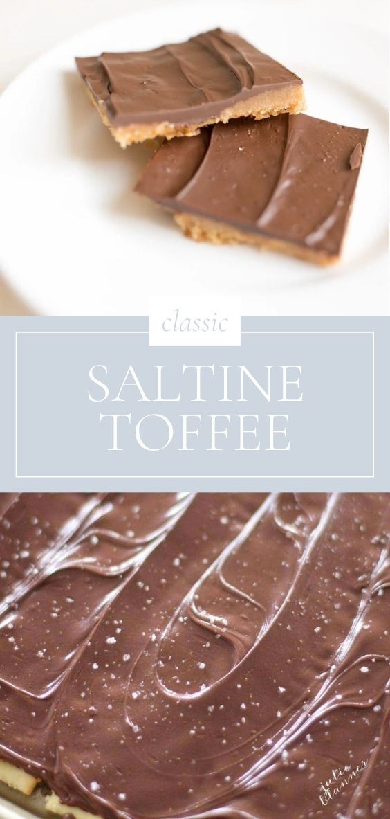 On a round white plate and on a baking sheet, there is classic saltine toffee.