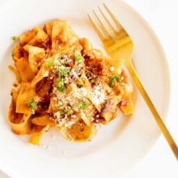 A small white plate with beef ragu and pappardelle pasta, gold fork to the side.