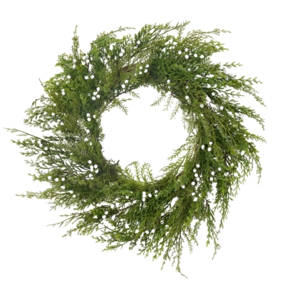 A green wreath with white berries on a white background, perfect for holiday homes.