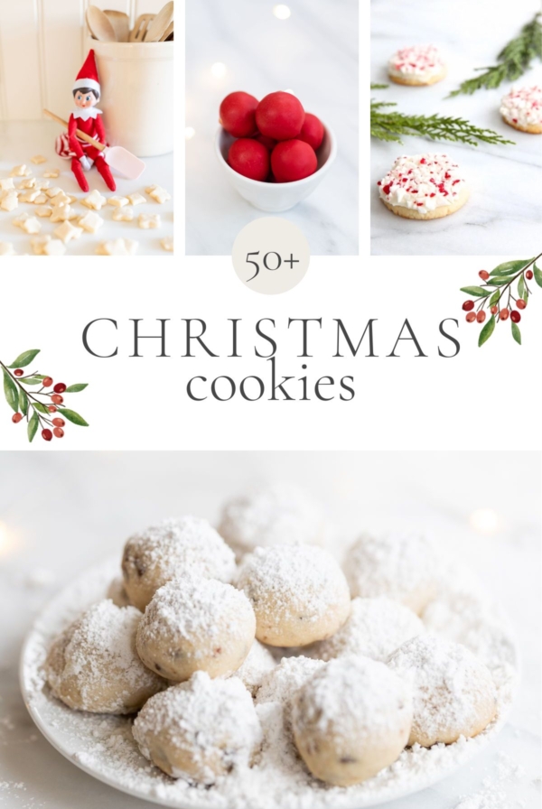 A graphic image with a variety of christmas cookie photos, headline reads "50+ Christmas cookies"