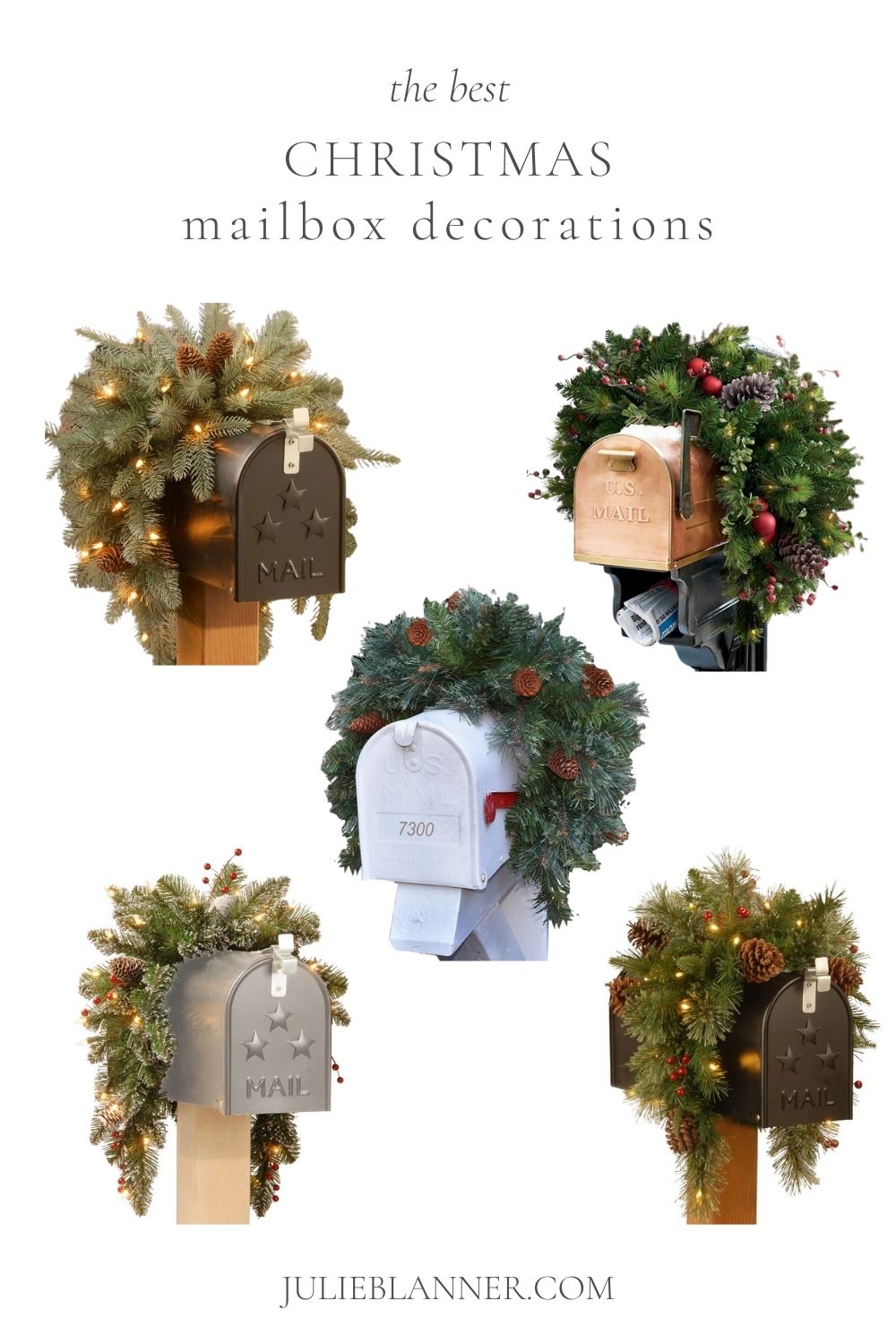 A white graphic image with a headline that reads "Christmas Mailbox Decorations" and five images of mailbox swags