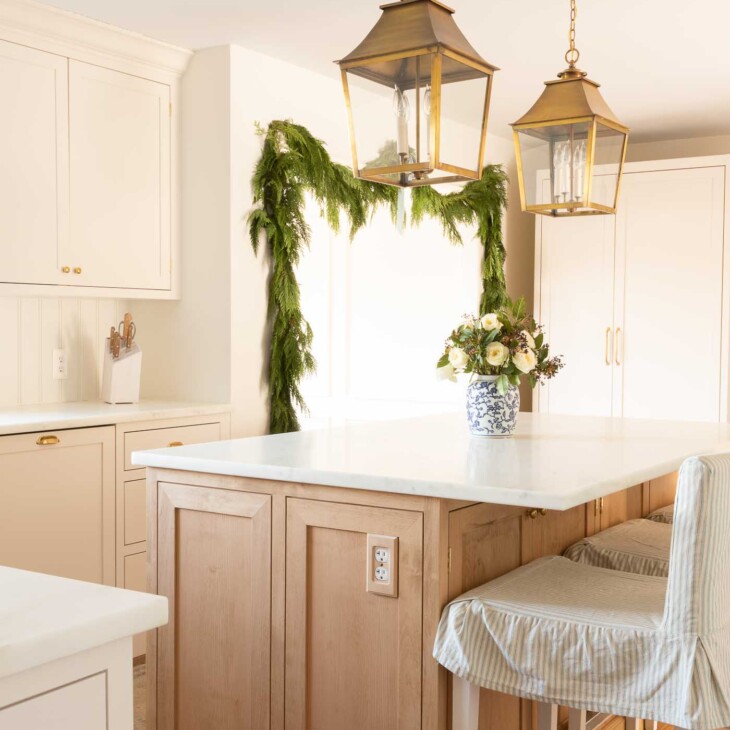 Christmas cedar garland in traditional kitchen