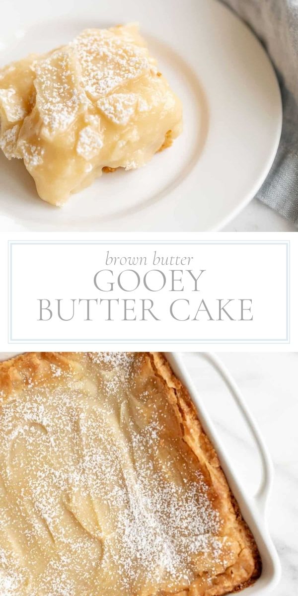Top photo in post is a slice of gooey butter cake. Bottom photo in post is an overhead view of gooey butter cake in a glass baking dish.