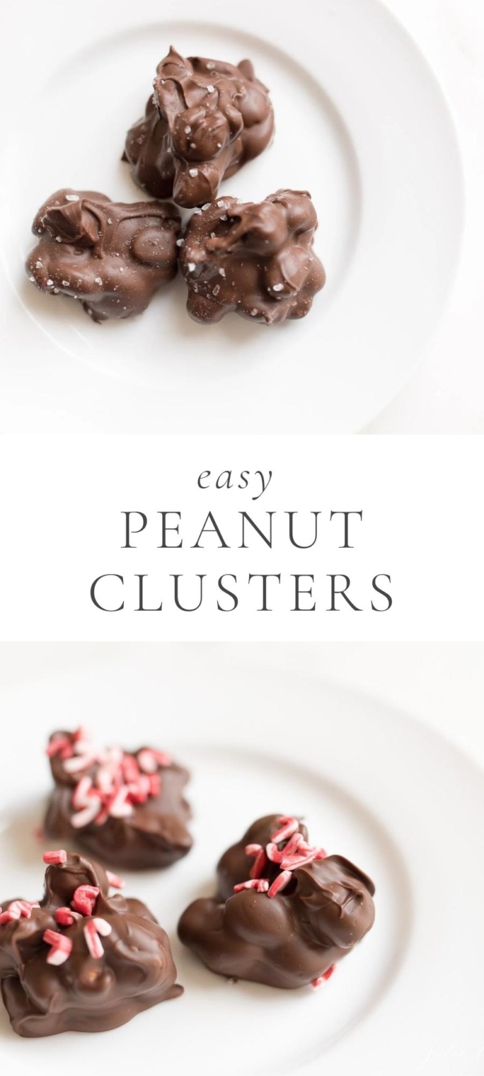 Peanut Clusters on white plate with red sprinkles on top
