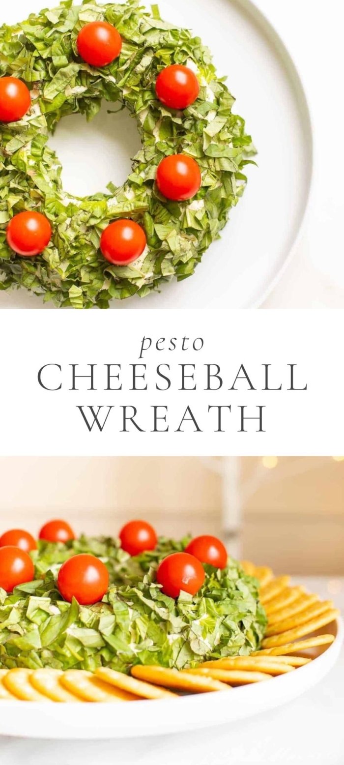 wreath shaped pesto cheeseball with cherry tomatoes and crackers on white plate