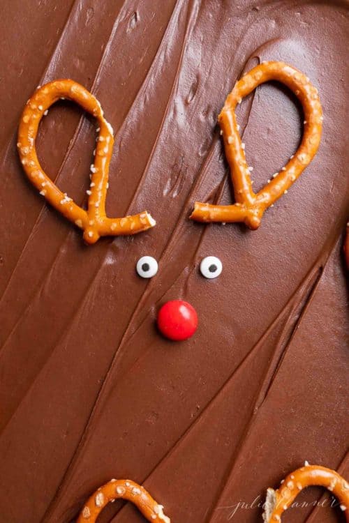 Close-up of reindeer brownies, in a sheet of Christmas brownies.