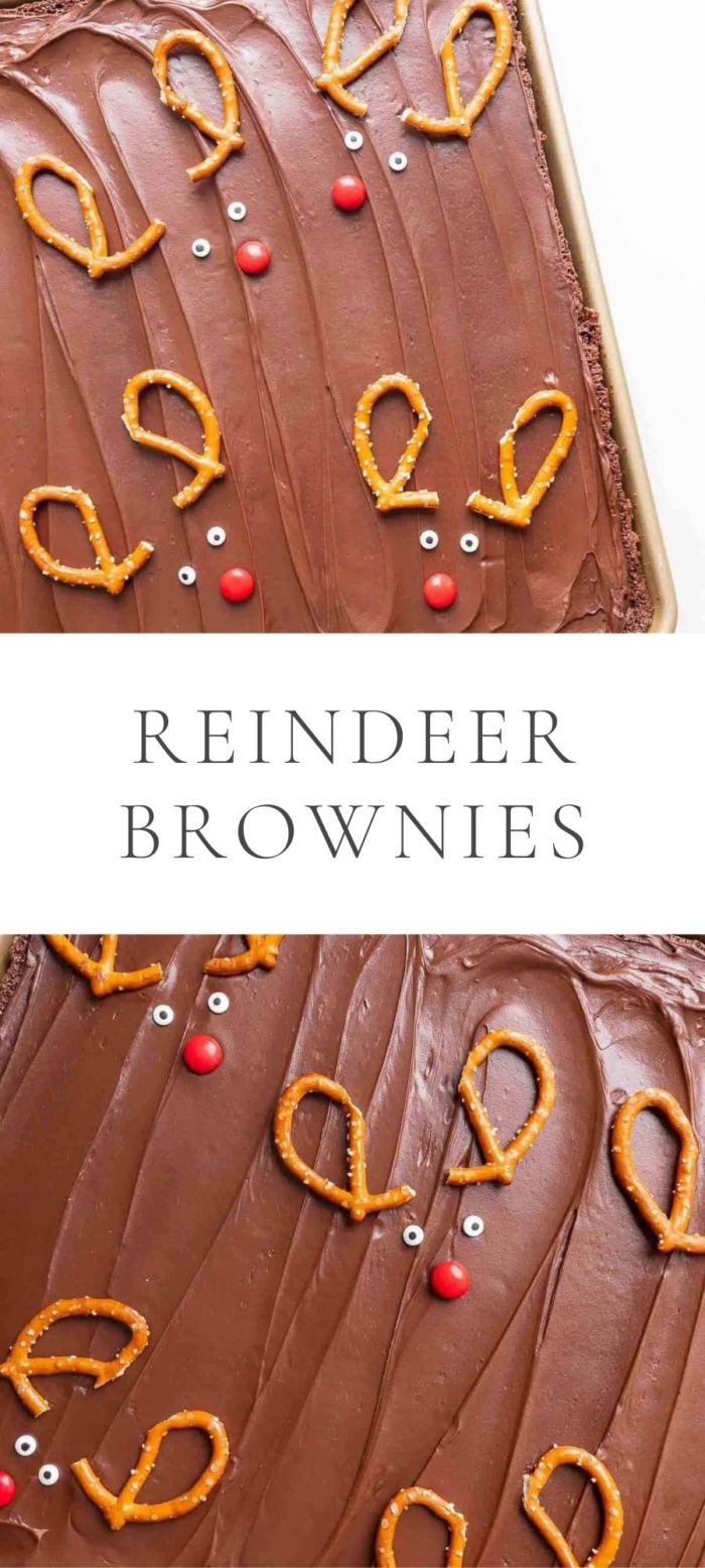 chocolate brownies with chocolate covering and reindeer shaped pretzels