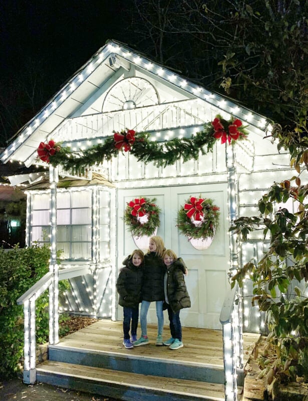 3 girls in front of building lined with lights at silver dollar city