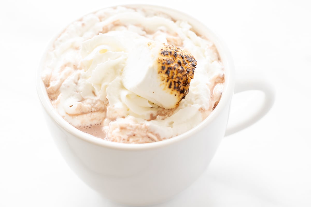 A white mug full of boozy hot chocolate, topped with whipped cream and toasted marshmallows.