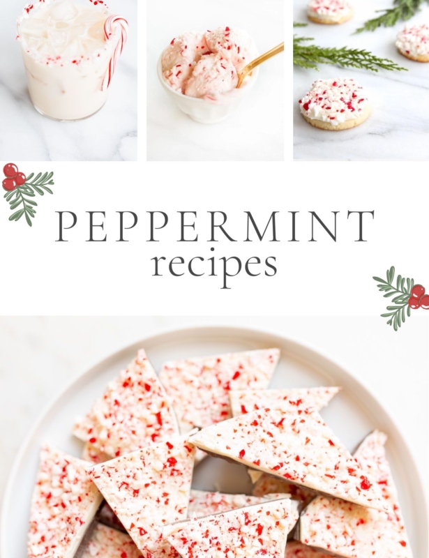 a graphic image featuring a variety of peppermint recipes, title reads "peppermint recipes" across the center.