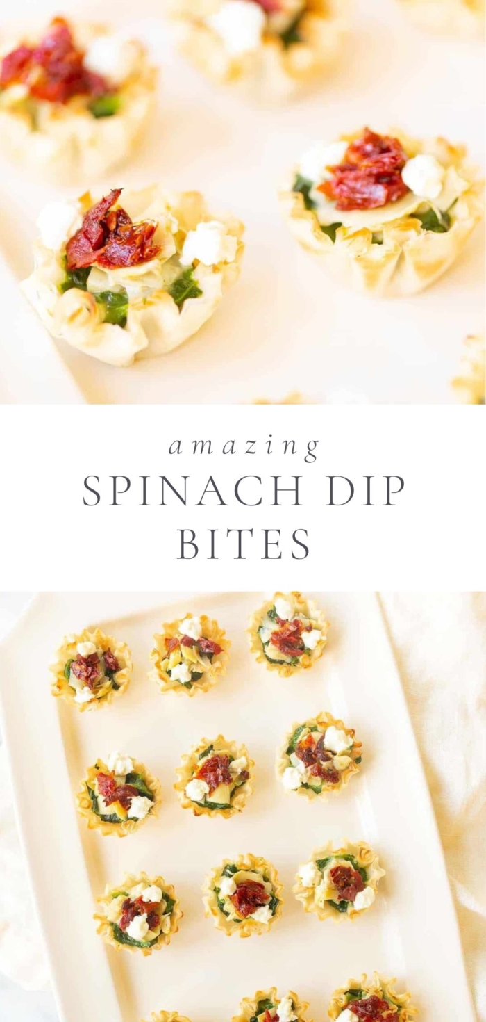 two pictures of spinach dip bites on a platter