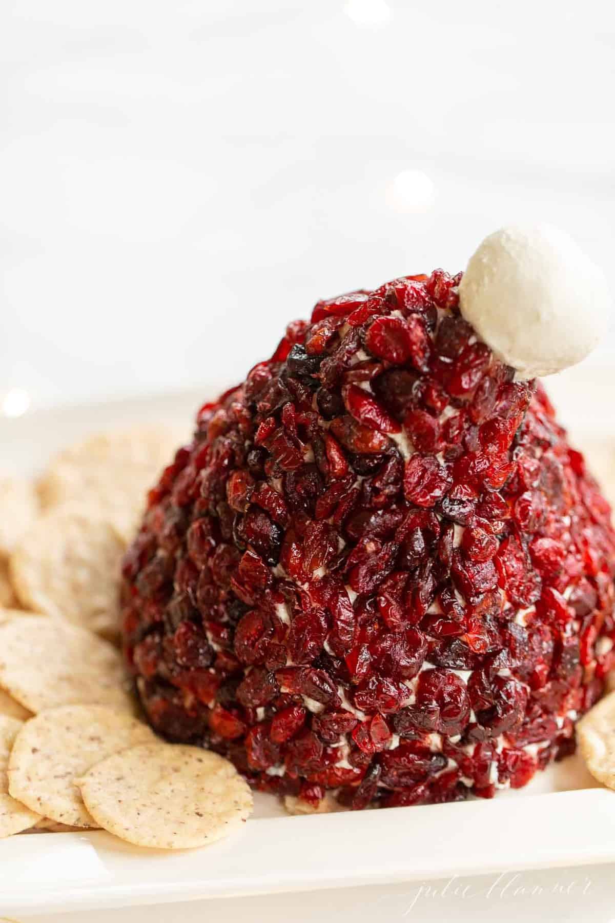 cranberry cheese ball in santa hat shape
