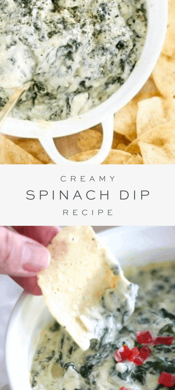 creamy spinach dip in dish surrounded by chips, overlay text, chip dipping into spinach dip