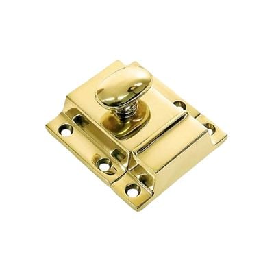 Unlacquered brass cabinet latch on a white background.
