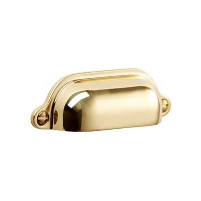 An unlacquered brass cabinet pull on a white background.