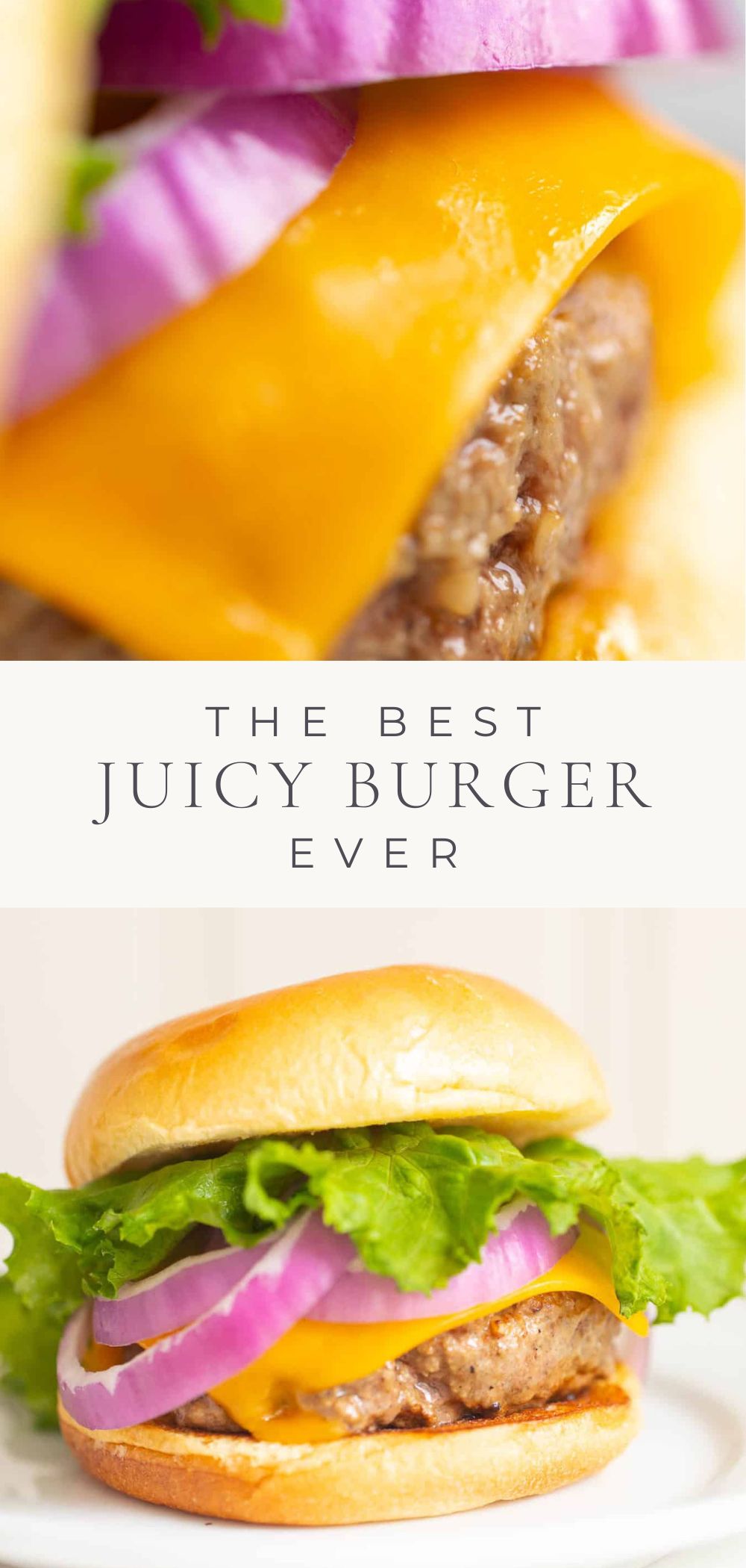 2 pictures of juicy burgers with cheese, onions and lettuce with a bun