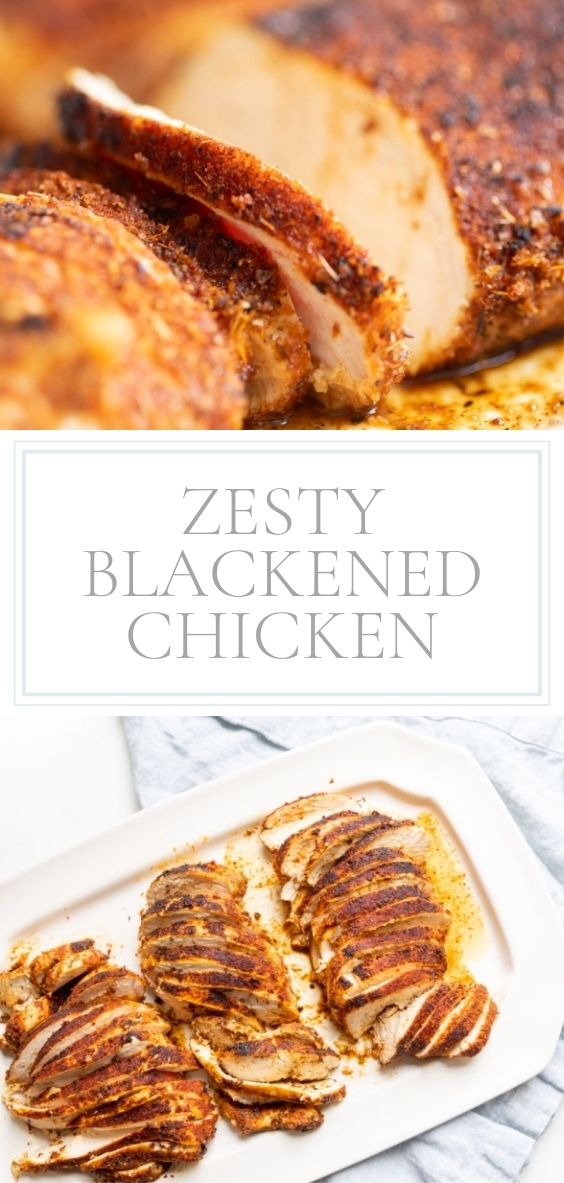 zesty blackened chicken in plate next to blue napkin