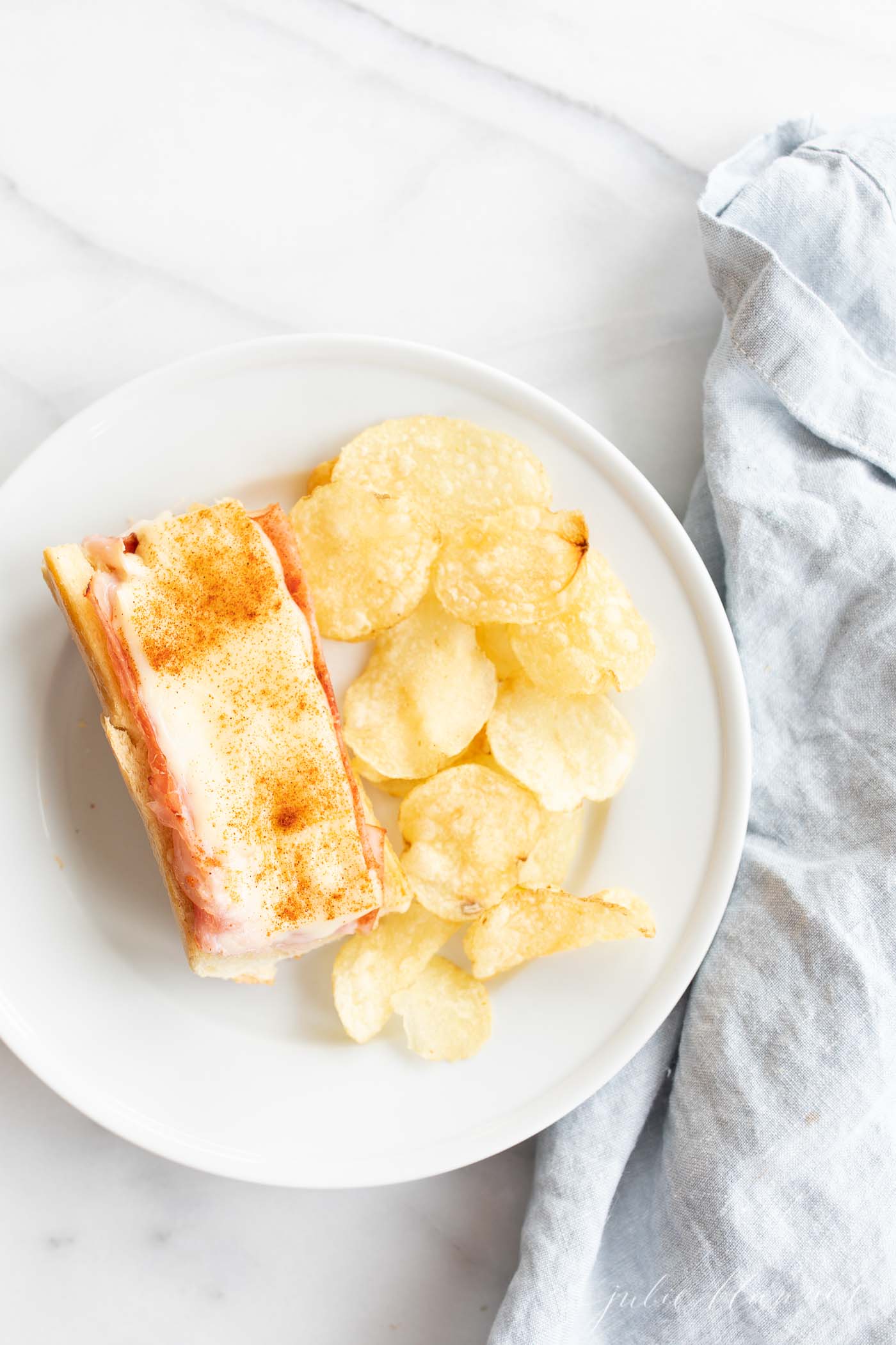 A gerber sandwich on a white plate, sprinkled with paprika with a side of chips.