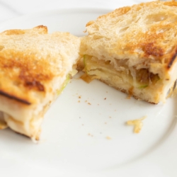 A white plate with a gourmet grilled cheese cut in half.