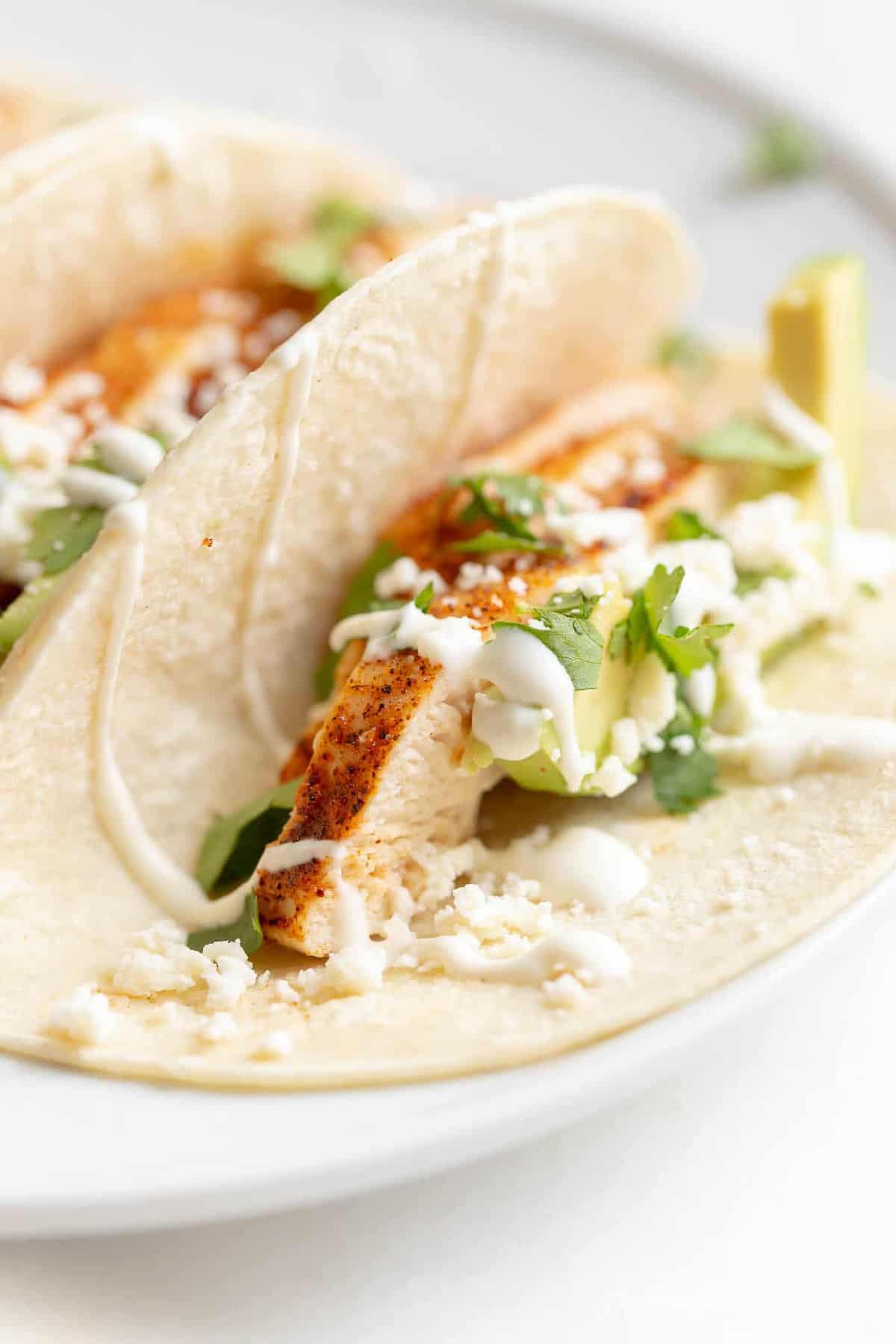Close up of a chicken taco topped with fresh taco ingredients.